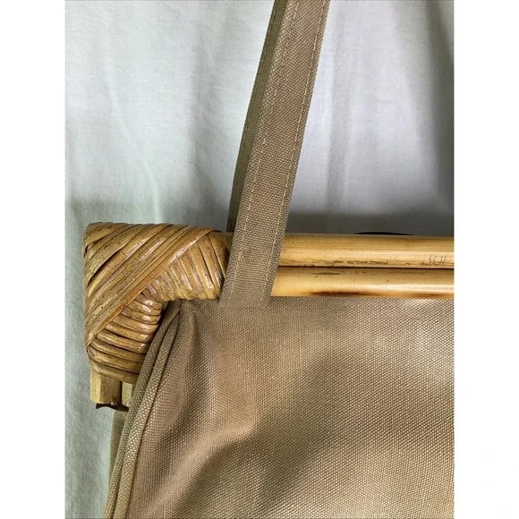 Vintage Rattan Handle Tan Canvas Satchel Purse Attached Coin Purse Boho Retro‎ - Picture 6 of 13